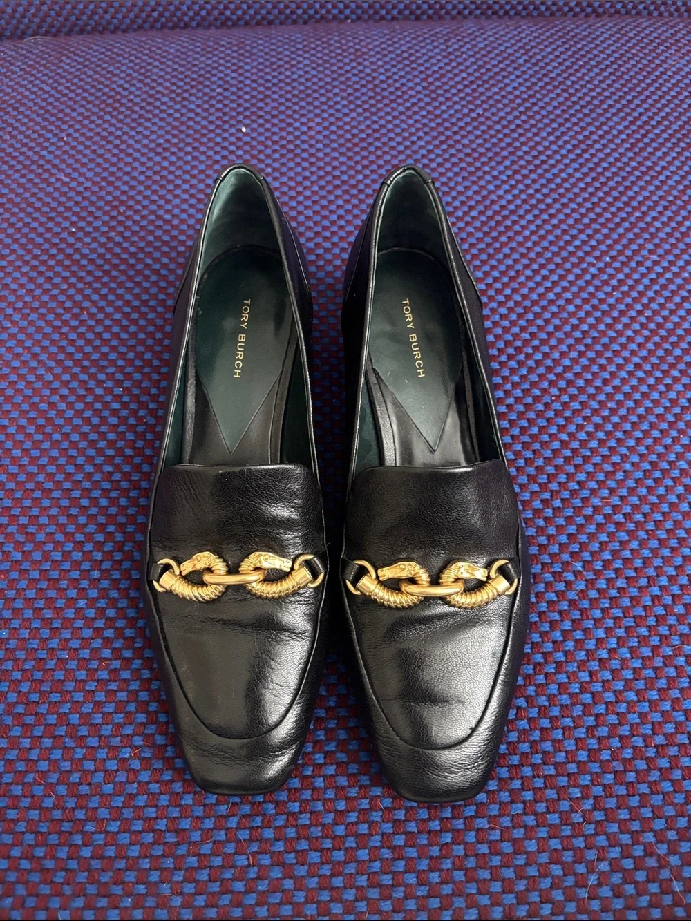 Tory Burch Black Leather Loafers with Gold Chain Detail